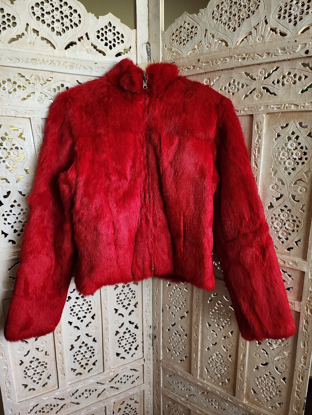 Wilson's Leather Red Genuine Rabbit Fur Zip Up Coat Jacket- Womens Size Large